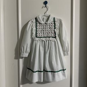 Polly Flinders Girls Size 4 Hand Smocked Green Red White Vintage
